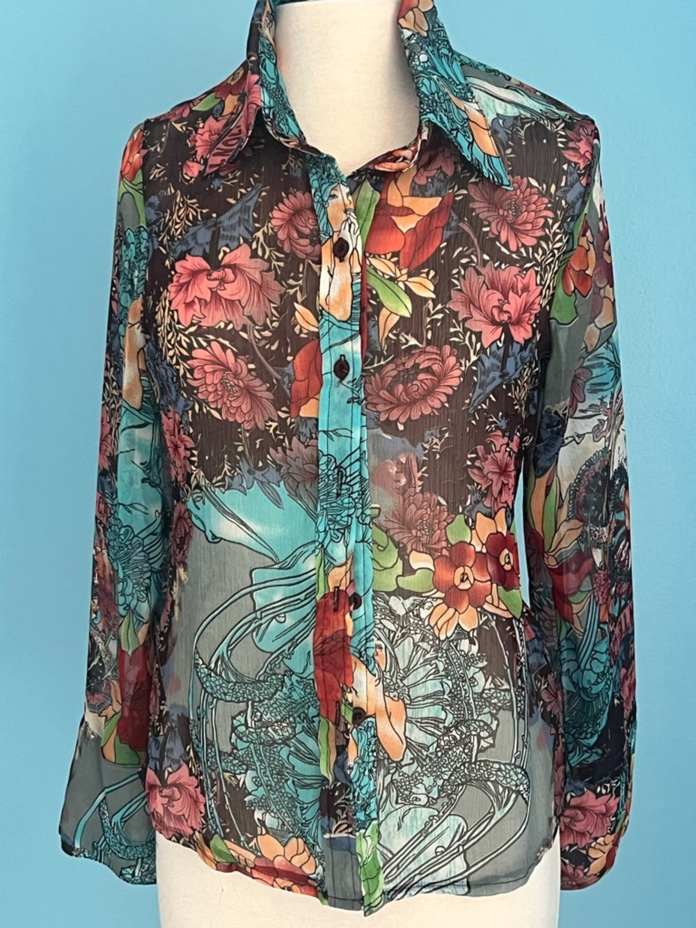 Art Nouveau Sheer Floral Button-Down Blouse Multicolor